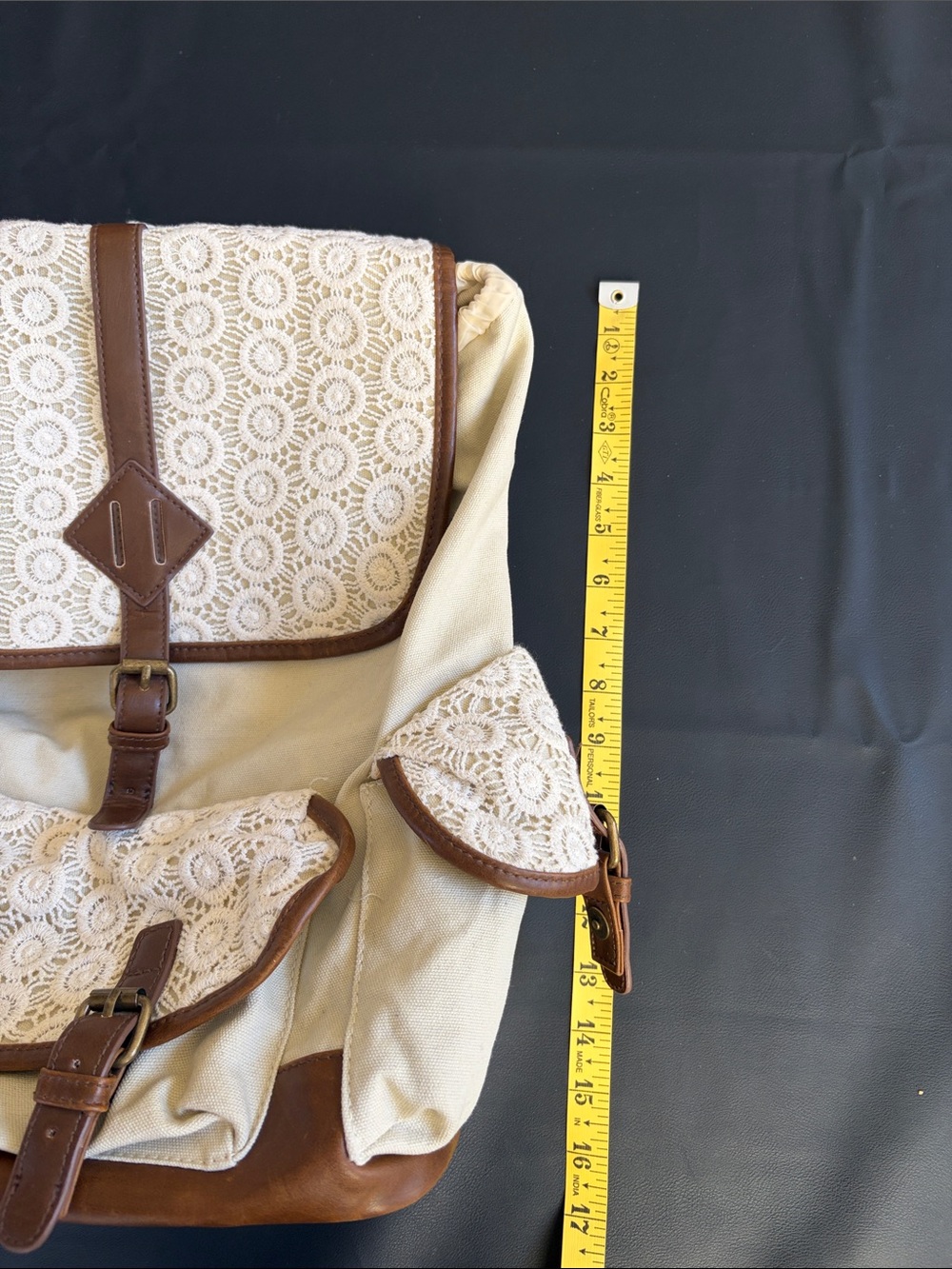 Mudd Crochet Lace Backpack Cream Brown Faux Leather Boho Festival Bag - Picture 10 of 11
